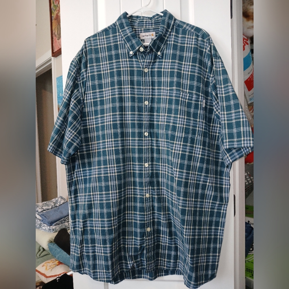 EUC CARHARTT Men's Navy Checkered Button Down Shirt - Picture 2 of 6